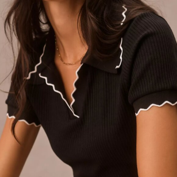 Maeve Anthropologie Black & White Scalloped Ribbed Top - Picture 2 of 9
